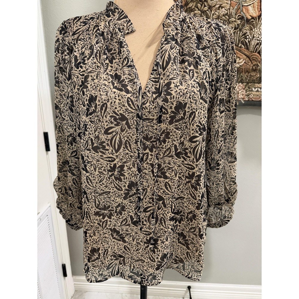 Vince Camuto Blouse Womens XS Beige Confetti Ready Floral V Neck Balloon Sleeve